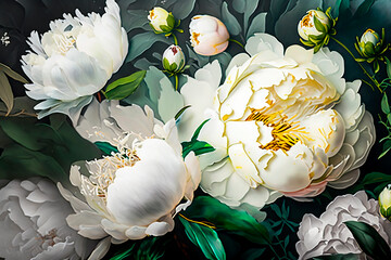 Beautiful floral arrangement in baroque pattern. Garden white flowers, leaves and peonies on a white background. Roses, tulips and peonies in light pastel colors. Holiday concept. Generative AI.