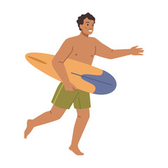 Male personage running carrying surfing board wearing swimming shorts. Summer vacation and recreation by beach. Cartoon character, vector in flat style