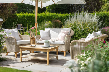 Charming Serene Garden Patio With Cozy Outdoor Furniture, Accent Pillows and Relaxing Setting - obrazy, fototapety, plakaty