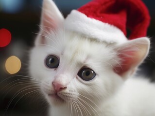 Obraz premium Putzige kleine weiße Katze mit Weihnachtsmütze blickt in die Kamera