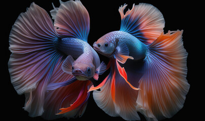 Obraz premium 8k, realistic photo, high detailed, macro view, beautiful betta fish underwater photography isolated on black background. Generative ai