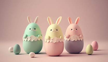 Kawaii easter bunny with easter eggs created with Generative AI