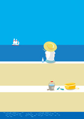 夏の青い空と海の防波堤で釣りをする少年