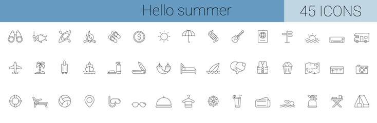 Travel, Holiday, Hello Summer, and Tourism 48 line icons set vector illustration. Beach, Sea, Passport, Sand, Travel, Editable Stroke.