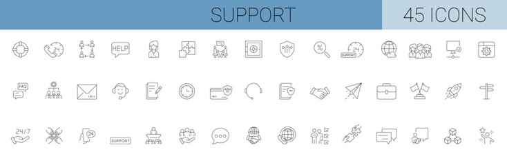 set of help and support related vector line icons. Phone Assistant, Online Help, business people