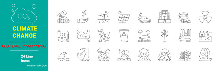 Set of climate change line icons for web. Catastrophe, cataclysm. global warming. eco product, clean energy, renewable energy, recycling, reusable, environmental friendliness.