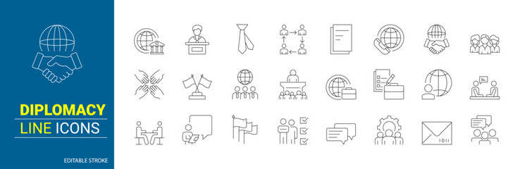 Set of 24 line diplomacy icons. Partners. Editable stroke. Vector illustration