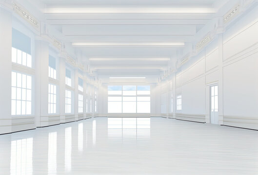Large emty solid white room like as ballroom or dance-hall.