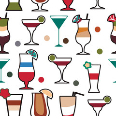Set of cocktail glasses seamless pattern. Abstract collection of patterns from wine glasses of various shapes. Colored ingredients. For printing on paper, packaging, menus. Vector illustration