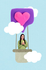 Vertical collage portrait of positive girl use smart phone flying like notification hot air balloon drawing clouds sky