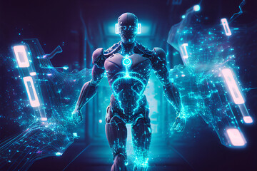 Robot using machine learning to identify human big data technology from people in a virtual environment using artificial intelligence software, computer Generative AI stock illustration image