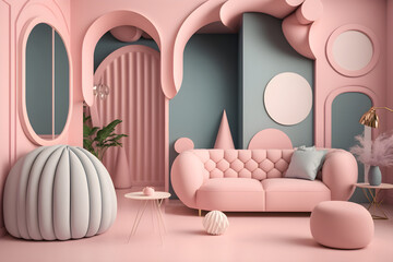 Room interior in pink tones, AI generated