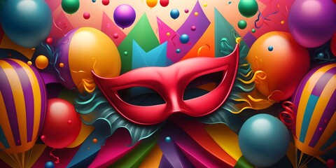 Abstract birthday party background with mask and air balloons, AI generated