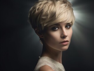 Fototapeta premium Model Frau Gesicht mit tollem Haar Styling beim Friseur Nahaufnahme