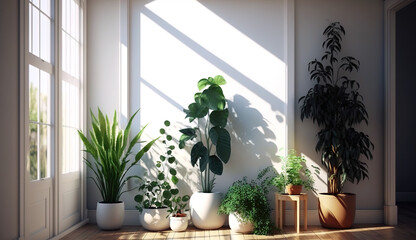 A Variety of Easy-Care and Air-Purifying Indoor Tropical House Plants in a Sunlit White Room with Wooden Floor: Perfect for Home Garden Interior Decoration. generative ai.