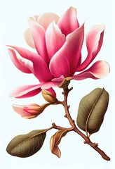 Pink magnolia flower drawing isolated on white background. Watercolor, hand drawn style, ai generation