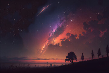 sunset in the mountains, sky with stars, sunset in the mountains, beautiful sky in night, wallpaper, Generative AI