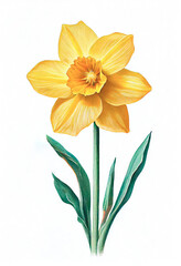 Yellow daffodil flower drawing isolated on white background. Watercolor, hand drawn style, ai generation