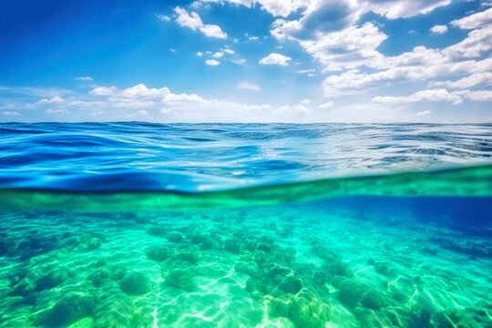 Blue sea ocean water surface and underwater with sunny and cloudy sky,seascape summer background wallpaper.