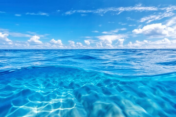 Fototapeta na wymiar Blue sea ocean water surface and underwater with sunny and cloudy sky,seascape summer background wallpaper.