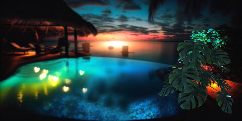 Fototapeta na wymiar night resort tropical palm and straw bungalow green blue pool water candles on table and blurred candles light starry sky exotic holiday vacation travel backgrounds,generated ai