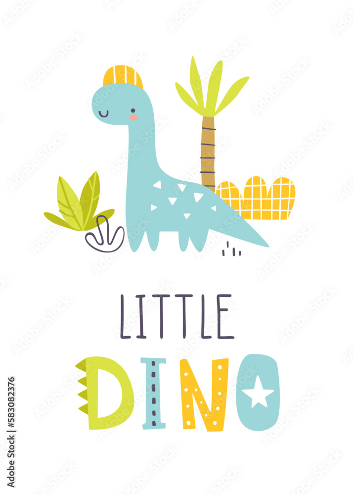 Sticker cute dino print with text. poster with abstract little dinosaur and plants. scandinavian print with 