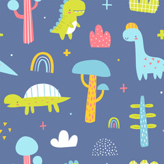 Cute jurassic pattern with dino and plants. Seamless vector print with abstract dinosaurs for baby textile and fabric.