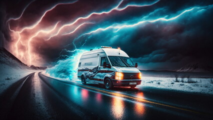Fototapeta na wymiar illustration of a van at high speed with Generative AI Technology.