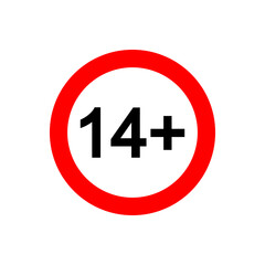 Fourteen plus icon. Number 14 in red circle isolated on white background. Content age censoring symbol. Movie viewing limit label. Vector flat illustration