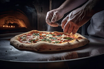 Generative AI Illustration of a chef's hands preparing a pizza next to a wood-fired oven