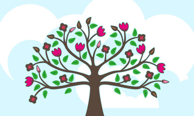 Pink flowered tree, vector of spring season and nature awakening. Cloud detail in the background.