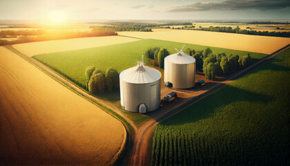 Silos in a barley field. Storage of agricultural production.