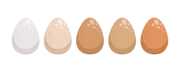 Kolekcja pięciu jajek w jasnych naturalnych kolorach. Posiłek, śniadanie. Jajka wielkanocne. Ilustracja wektorowa.