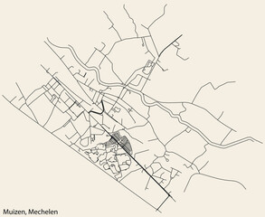 Detailed hand-drawn navigational urban street roads map of the MUIZEN SUBMUNICIPALITY of the Belgian city of MECHELEN, Belgium with vivid road lines and name tag on solid background