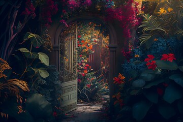 A secret garden with colorful blooms and a door leading to a hidden pathway - obrazy, fototapety, plakaty