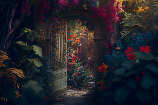 A secret garden with colorful blooms and a door leading to a hidden pathway