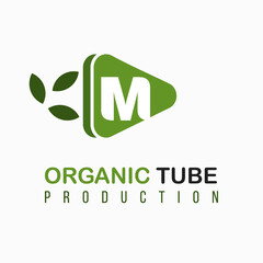 Letter M with Green Play Icon, Video, Media Play for Organic, Nature, Agriculture Media Information Channel Business Logo Idea Template