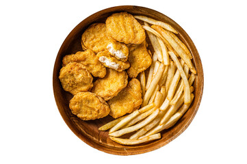 Crispy fried Chicken nuggets with French fries in wooden plate.  Isolated, transparent background.