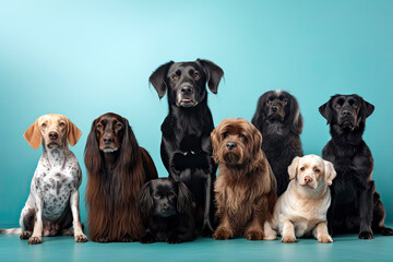 Generative AI Illustration of a group of dogs of different breeds looking at the camera on a turquoise background