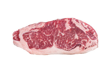 Raw new york strip steak or striploin on a butcher table.  Isolated, transparent background.
