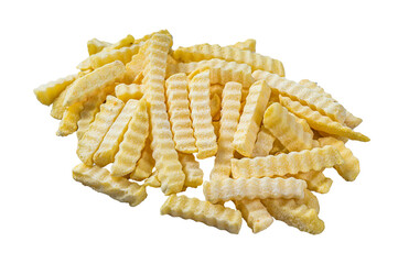 Frozen Crinkle French fries potatoes sticks.  Isolated, transparent background.