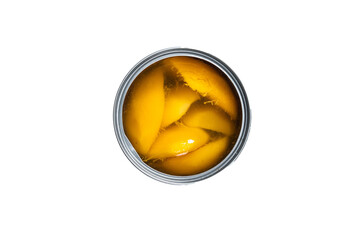 Canned mango slices in syrup in a metal can.  Isolated, transparent background.