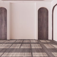 Empty room interior design, open space with dark parquet floor, classic arched windows, wooden ceiling and white walls, modern architecture concept idea