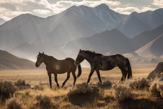 Wild horses with mountains in background created with AI	