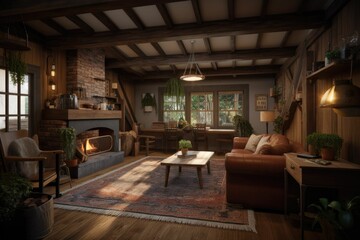 Fototapeta na wymiar a cozy cabin with a fireplace. Generative AI