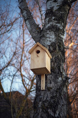Photo of a wooden birdhouse on a tree.