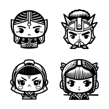 Bold and captivating Hand drawn collection set of cute Japanese samurai warriors, showcasing courage, strength, and cultural heritage