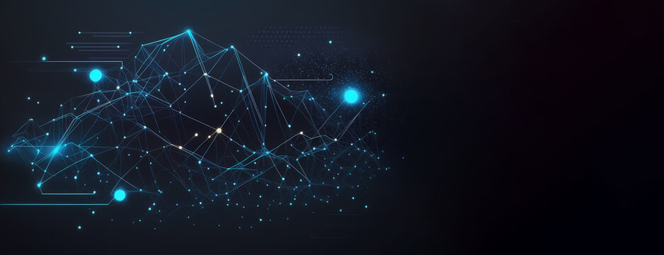 Dark Blue abstracted lines and connected dots. AI technology concept and digital data flow. Concept of a network for communications and technology with pulsing lines and dots Generative AI
