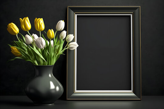 Vase with tulips and empty photo frame, mockup template, dark background