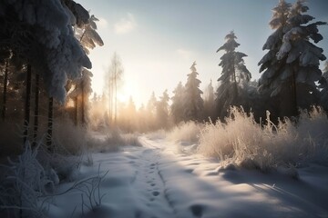 Snowy Winter Forest Landscape with Abstract Mountains and Trees in beautiful Background